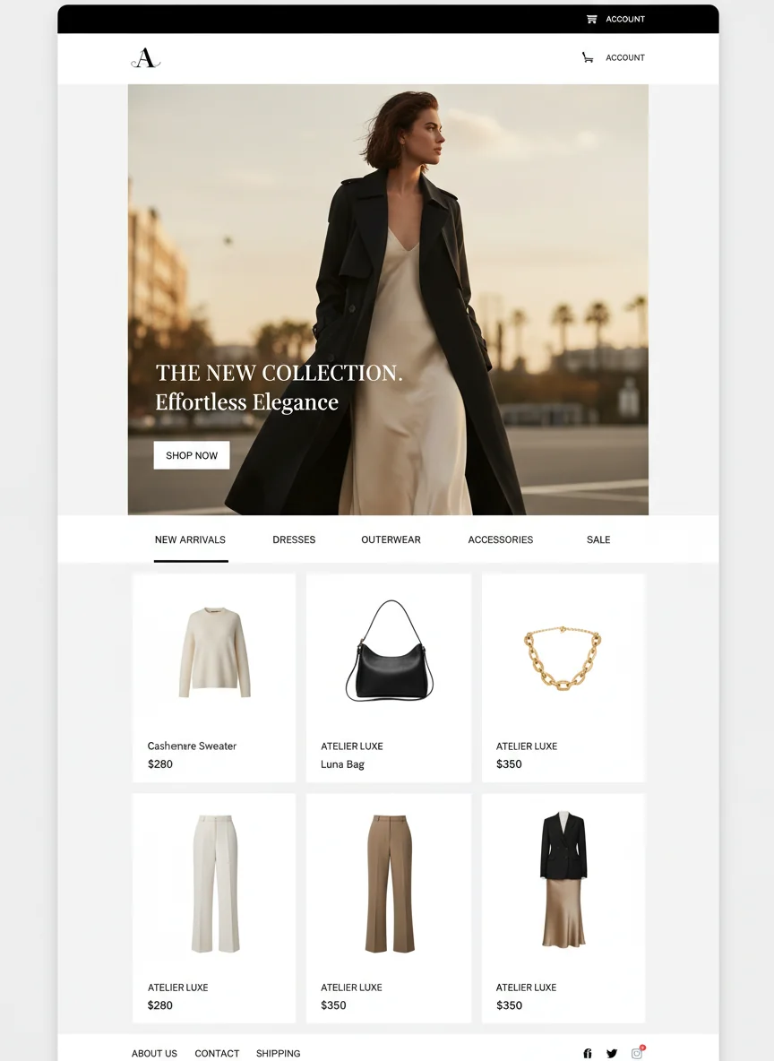 Demo ecommerce fashion con griglia prodotti e CTA